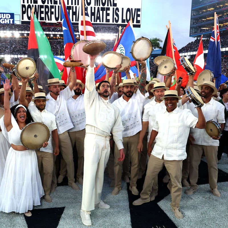 Bad Bunny performs onstage during the Apple Music Super Bowl LX Halftime Show at Levi's Stadium on February 08, 2026 in Santa Clara, California.