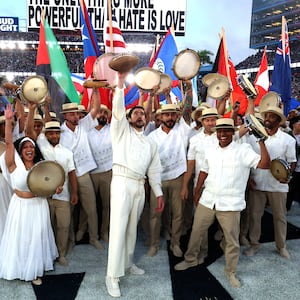 Bad Bunny performs onstage during the Apple Music Super Bowl LX Halftime Show at Levi's Stadium on February 08, 2026 in Santa Clara, California.