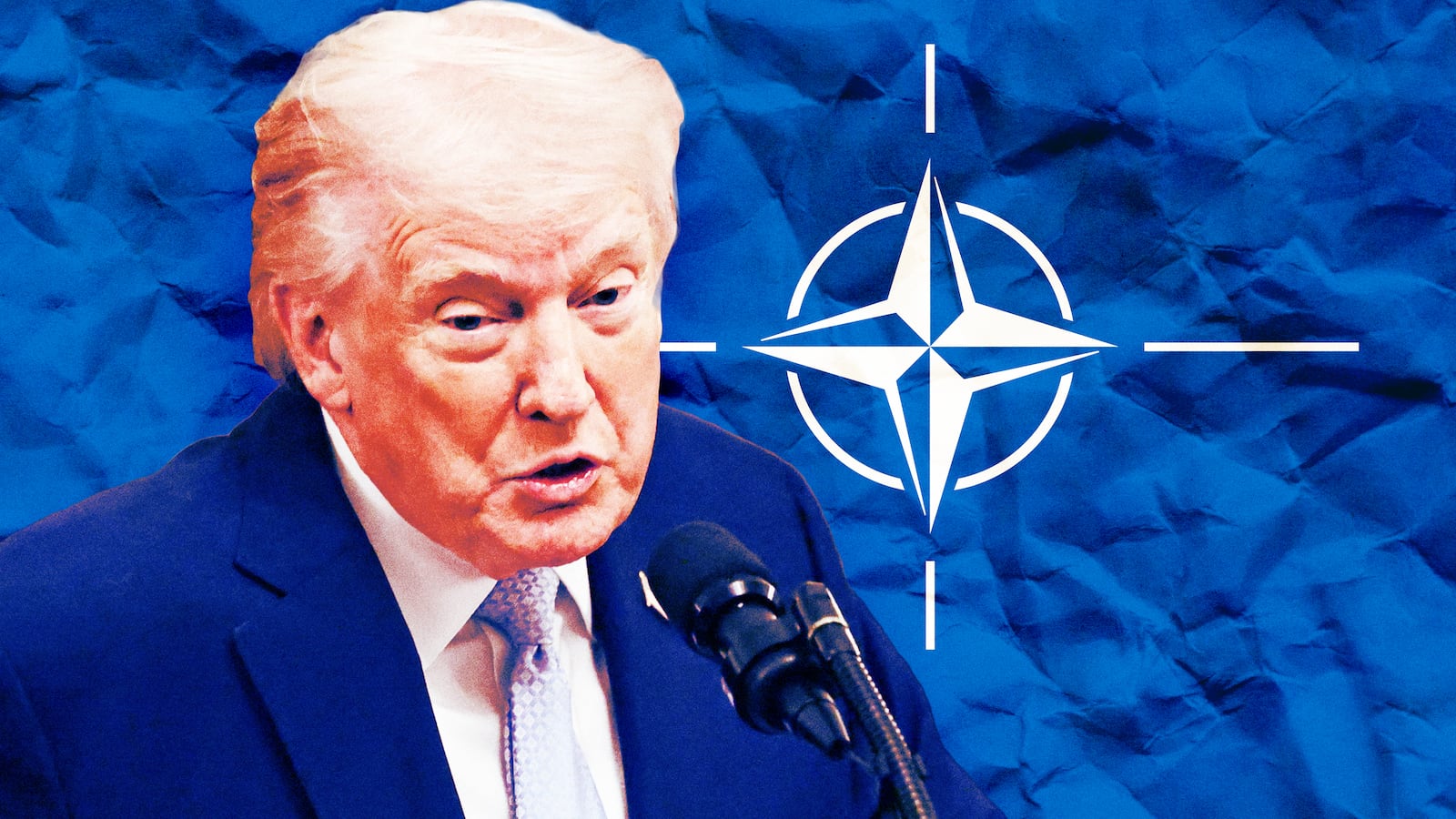 A photo illustration of Trump and a crumpled NATO flag.