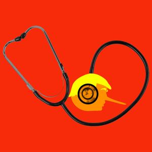 Donald Trump's head with a Pinocchio nose on a stethoscope