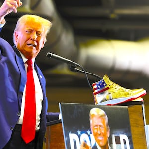 Donald Trump takes the stage to introduce a new line of signature shoes at Sneaker Con at the Philadelphia Convention Center on February 17, 2024 in Philadelphia, Pennsylvania.