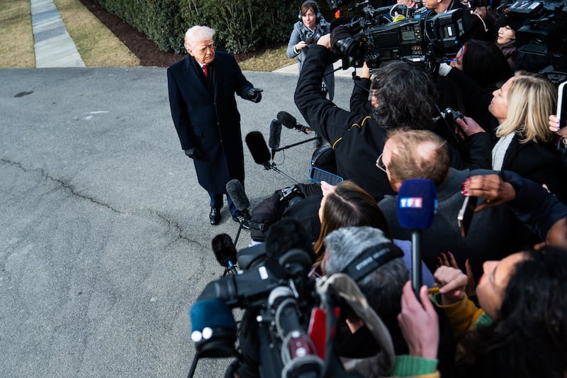 President Donald Trump speaks to the press on the South Lawn of the White House on January 16, 2026.