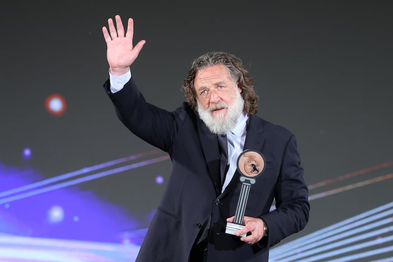 Russell Crowe poses on stage during the 72nd Taormina Film Festival 2026 on June 13, 2026 in Taormina, Italy.