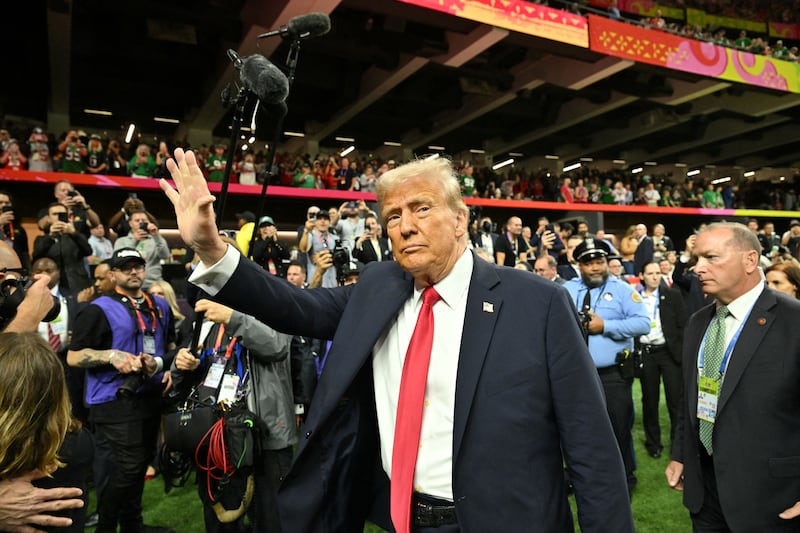 US President Donald Trump visits the field before the start of Super Bowl LIX between the Kansas City Chiefs and the Philadelphia Eagles at Caesars Superdome in New Orleans, Louisiana, February 9, 2025.