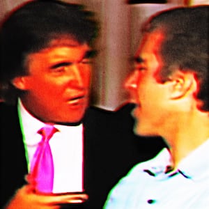 Distorted image of Donald Trump and Jeffrey Epstein