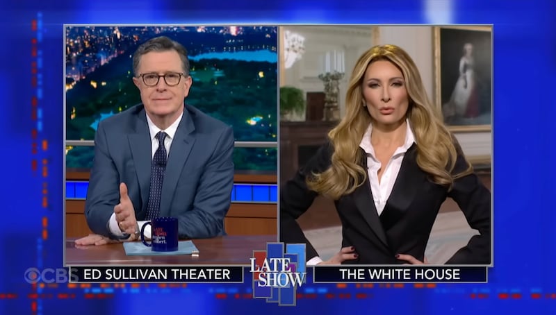 Stephen Colbert and Laura Benanti on "The Late Show."