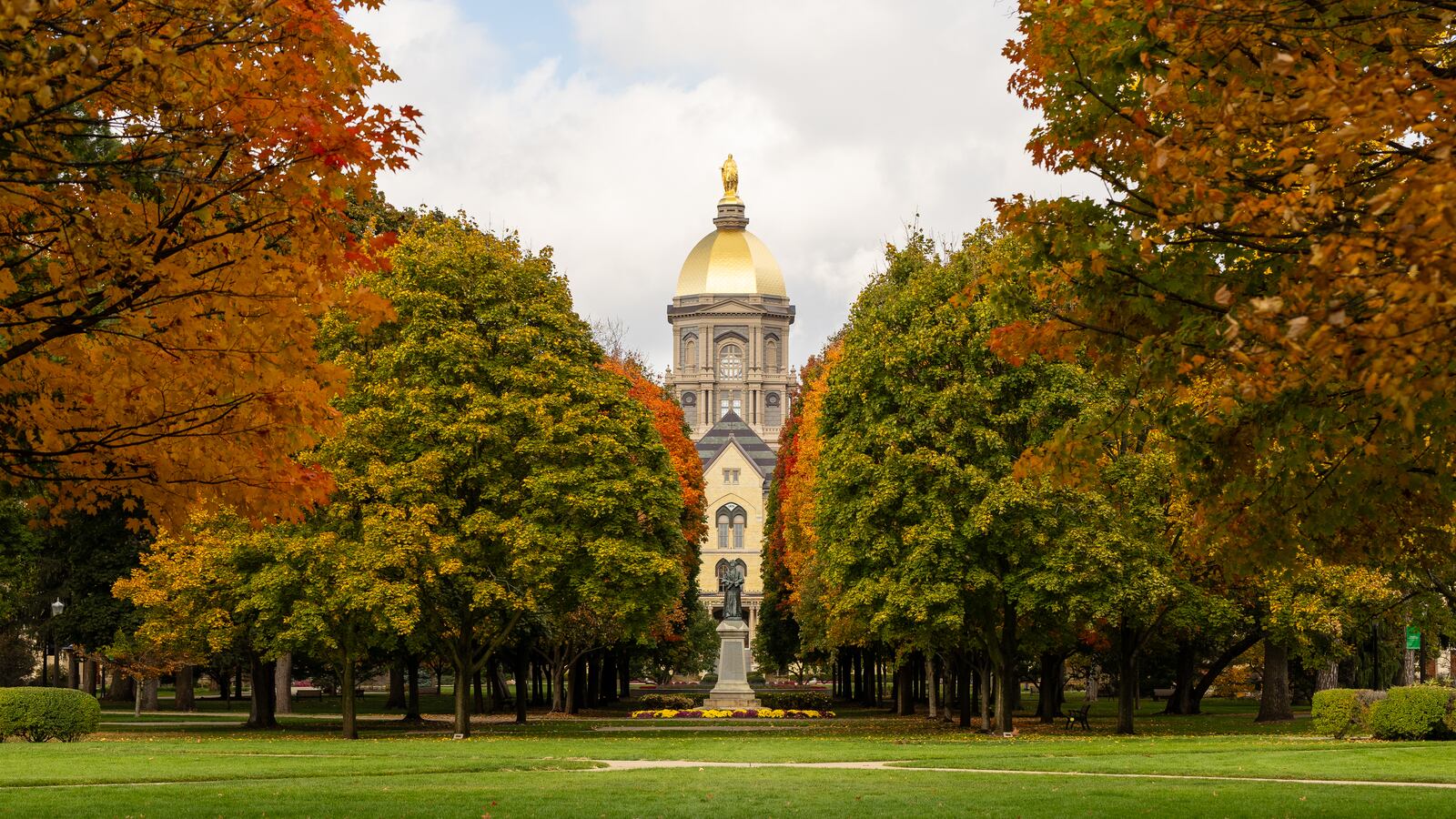 University of Notre Dame's Golden Dome, a historic landmark on campus at the main building.