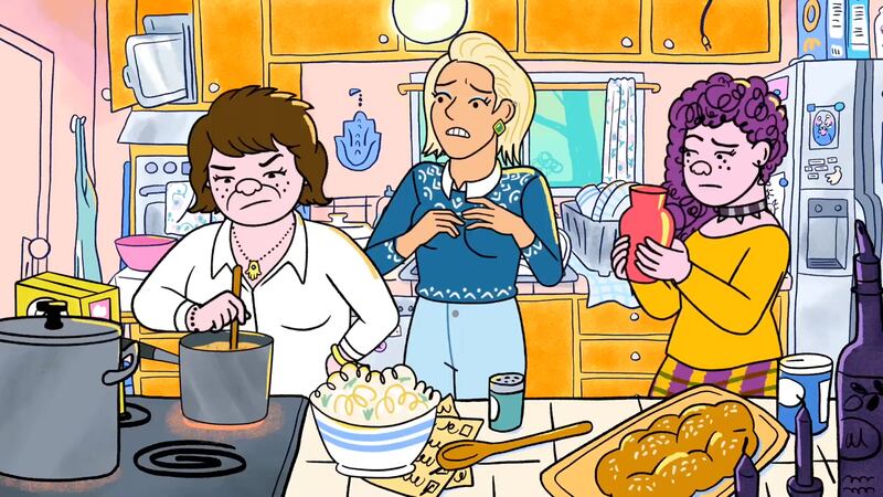 (L-R) Lisa Edelstein as Naomi Schwartz, Angelique Cabral as Jen and Abbi Jacobson as Shira Schwooper in Long Story Short.