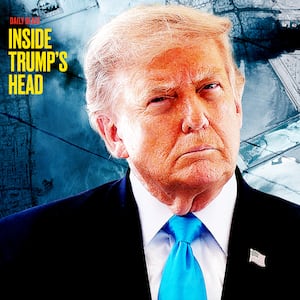 Donald Trump in front of satellite images of missile strikes.