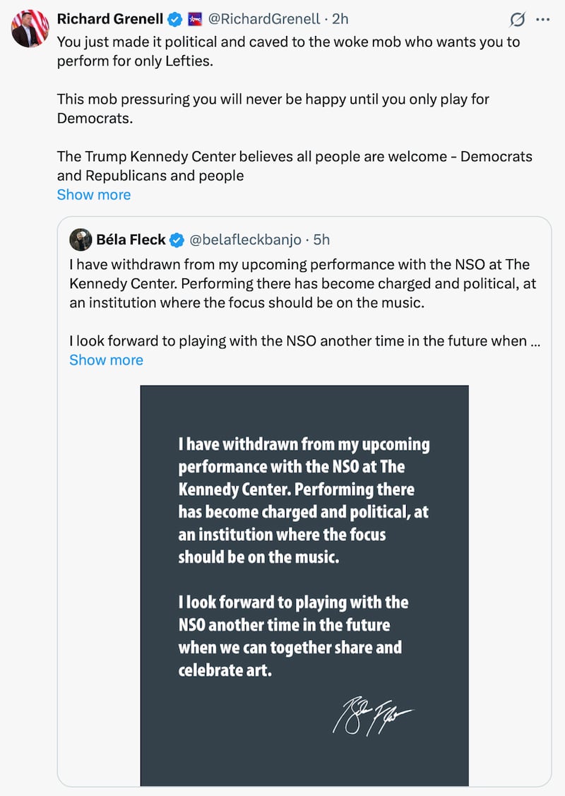 Richard Grenell hits out at "woke" musician Bela Fleck on X.