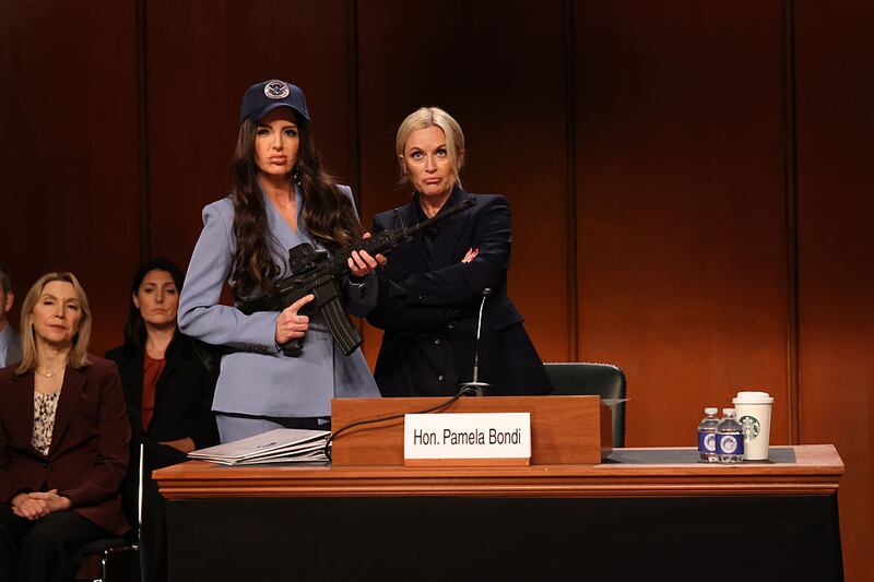 Special guest Tina Fey as Kristi Noem and Host Amy Poehler as Pam Bondi during the "Bondi Hearing" Cold Open on Saturday, October 11, 2025