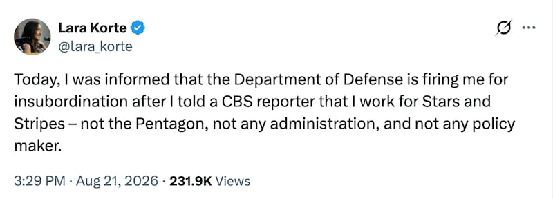 Lara Korte announces she's being fired from Stars and Stripes for insubordination.