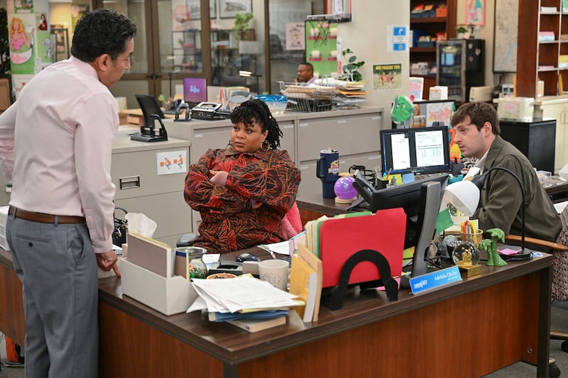 Oscar Nunez as Oscar Martinez, Gbemisola Ikumelo as Adelola, and Alex Edelman as Adam