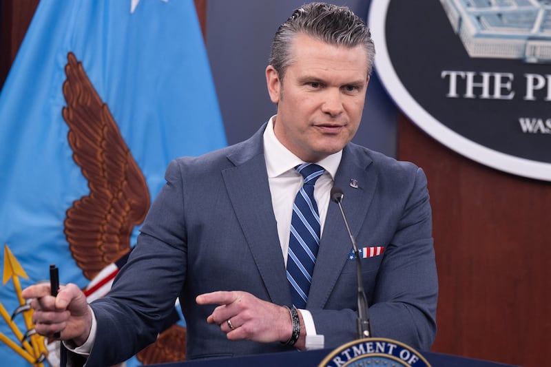 US Secretary of Defense Pete Hegseth speaks during a press briefing at the Pentagon in Washington, DC, on April 16, 2026. The United States will prevent all shipping from entering or exiting Iranian ports in the Strait of Hormuz for "as long as it takes," US Defense Secretary Pete Hegseth said on Thursday, the fourth day of the blockade. (Photo by SAUL LOEB / AFP via Getty Images)