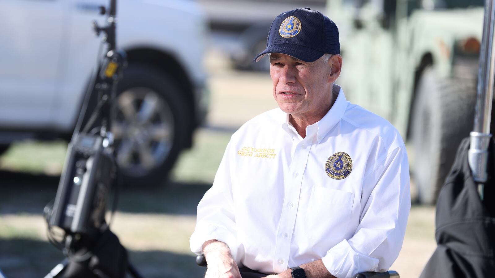 Texas Governor Greg Abbott holds a press conference at Shelby Park on February 4, 2024 in Texas, United States.