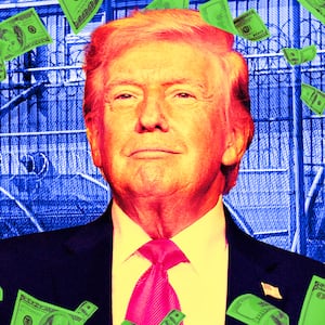 A photo illo illustration for PunchUp of Donald Trump with money in front of a GEO Group ICE prison.