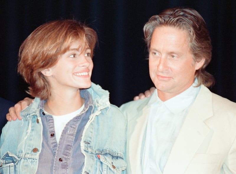 Julia Roberts at the festival to promote new film, Flatliners, in which she plays the character of Rachel Manus, pictured with Michael Douglas