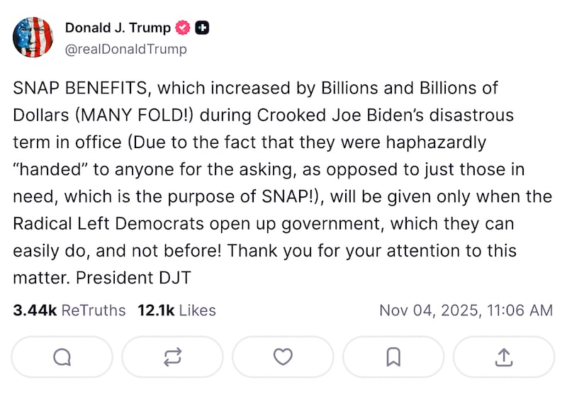 Donald Trump's TruthSocial post about SNAP benefits.