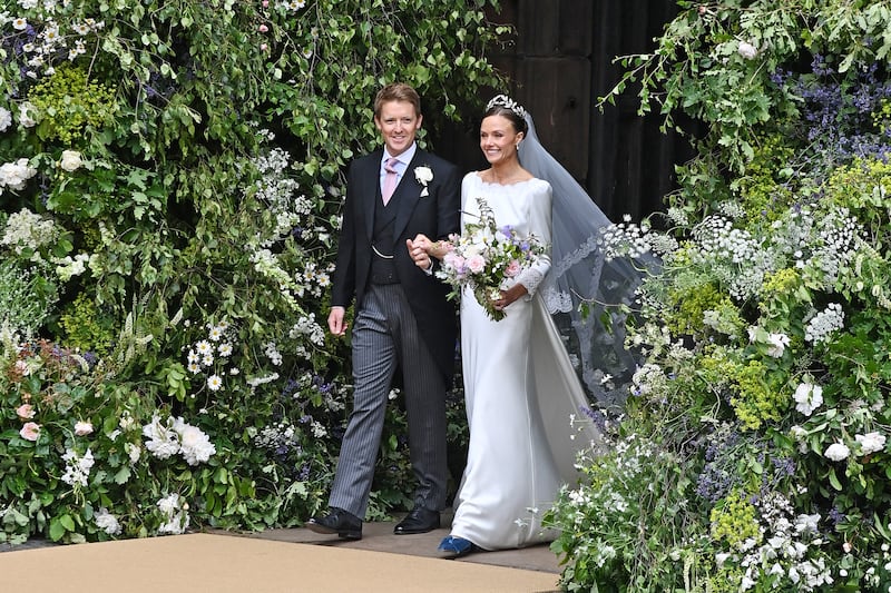 Wiliam went but Harry didn't: Hugh Grosvenor, 7th Duke of Westminster and Olivia Henson depart their wedding at Chester Cathedral on June 7, 2024 in Chester, England.