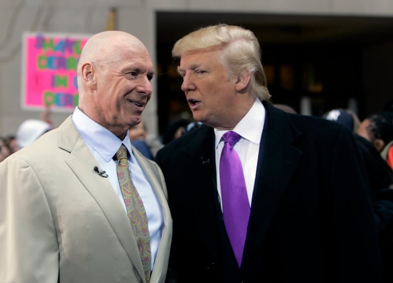 Television personality and real estate developer Donald Trump (R) and World Wrestling Entertainment owner Vince McMahon talk during a segment of NBC's "Today" show in New York April 2, 2007.