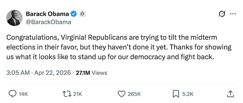 Barack Obama's X.com post on the Virginia redistricting measure victory.