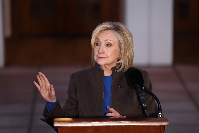 Former Secretary of State Hillary Clinton speaks to the press after her a deposition with the House Oversight Committee as they investigate links to convicted sex offender Jeffrey Epstein, in Chappaqua, New York, on February 26, 2026.