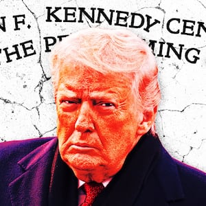 A photo illustration of Donald Trump in front of Kennedy Center distressed signage in cracked white marble.