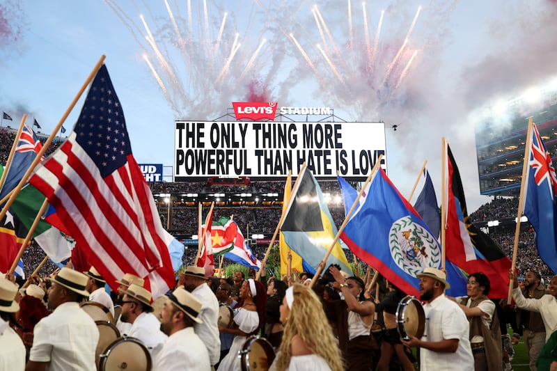 Bad Bunny performs in the Apple Music Halftime Show during the NFL Super Bowl 60 football game between the Seattle Seahawks and the New England Patriots, at Levi's Stadium on February 8, 2026 in Santa Clara, California.