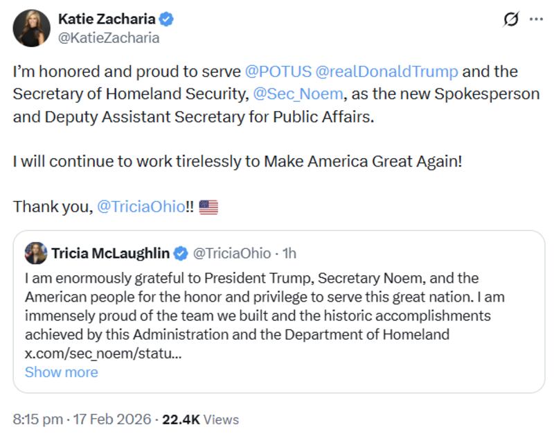 Katie Zacharia confirmed her new role on X.