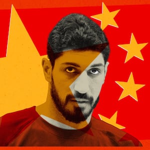 Photo illustration of NBA player, Ines Freedom, with a modified Chinese flag overlaid.
