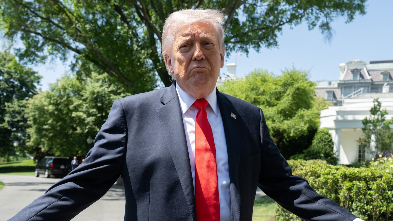 US President Donald Trump speaks with the media prior to departing from the South Lawn of the White House in Washington, DC, May 1, 2026. Trump is going to Florida to speak at an event at The Villages and to attend the Forum Club of the Palm Beaches dinner. (Photo by SAUL LOEB / AFP via Getty Images)