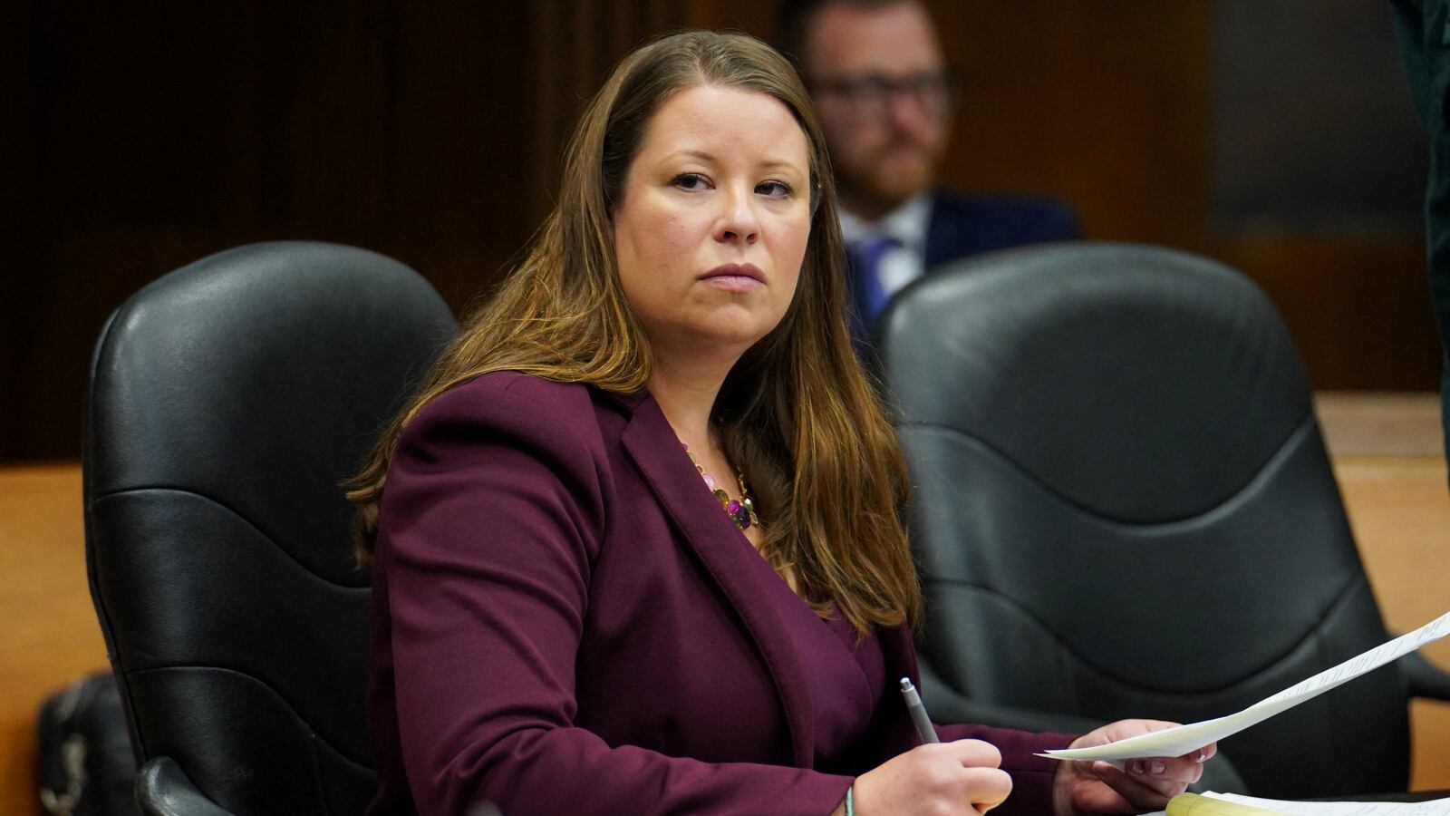 Stefanie Lambert listens during a court hearing in Detroit, Michigan, U.S., October 20, 2022.