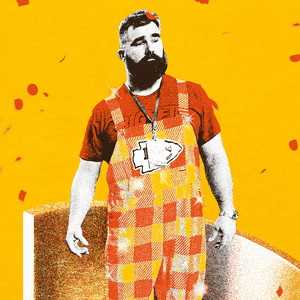 Photo illustrative gif of Jason Kelce on a podium with red confetti