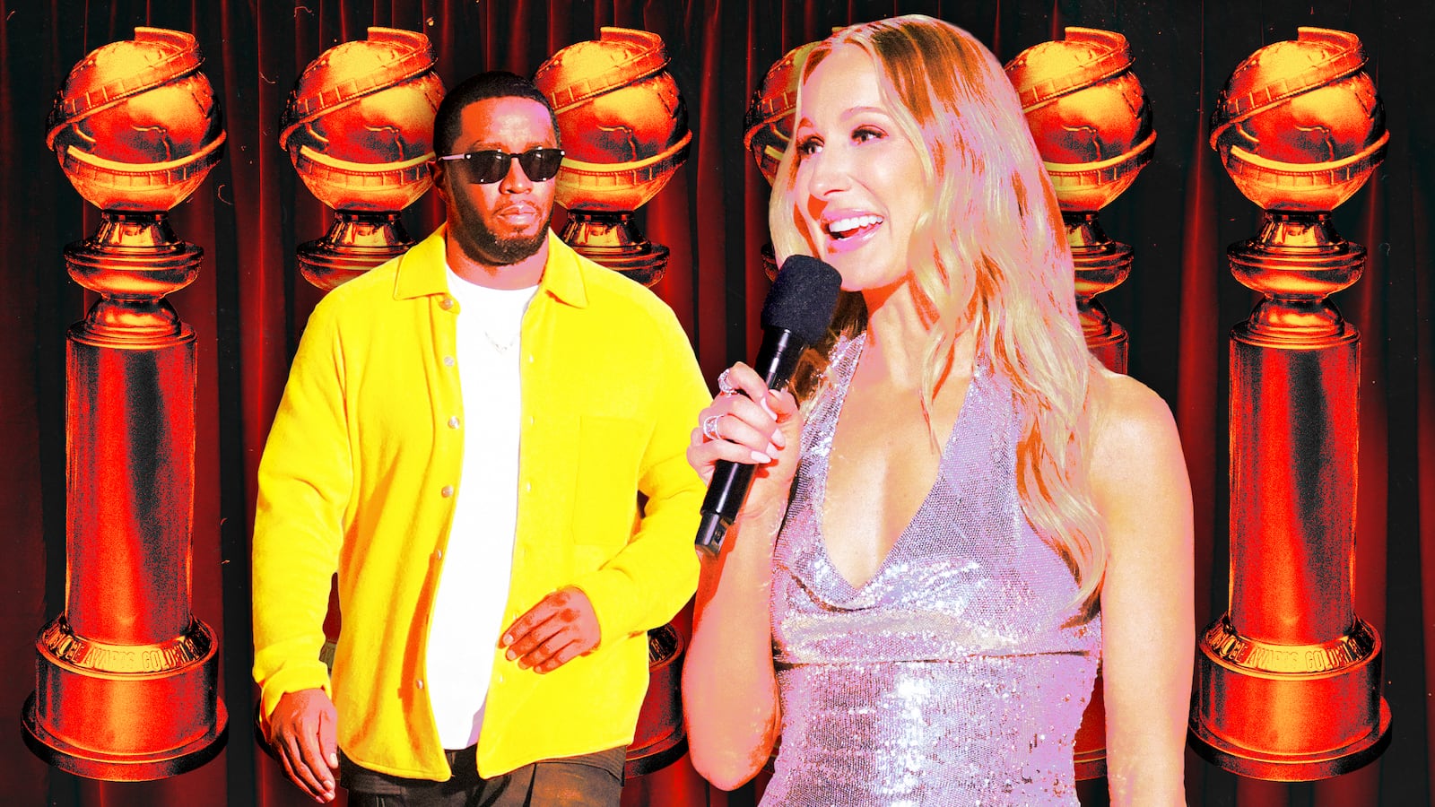 A photo illustration of Diddy and Nikki Glaser.