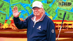 A photo illustration of Donald Trump golfing in front of Trump National Doral golf course and money flying in the sky.