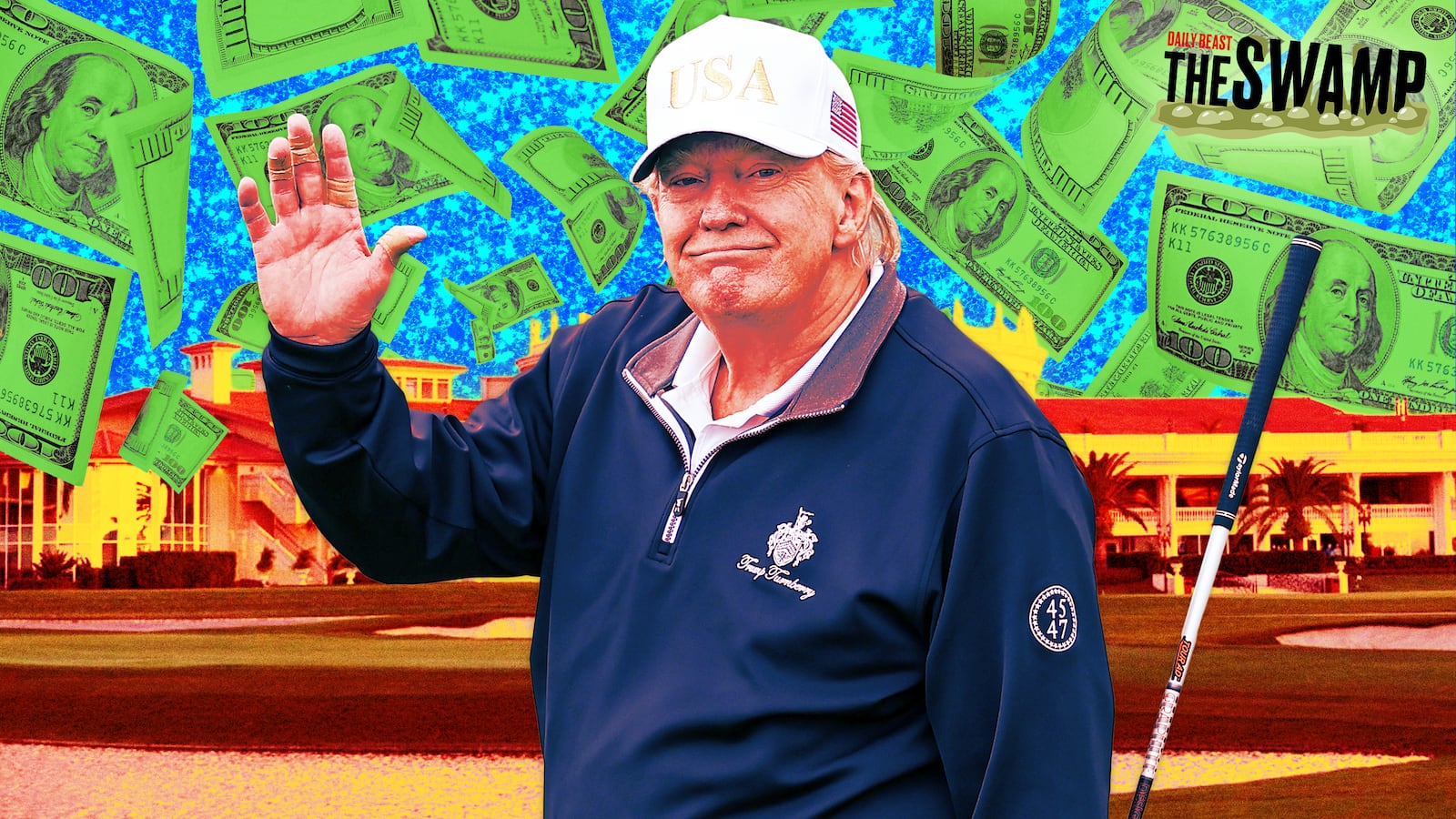 A photo illustration of Donald Trump golfing in front of Trump National Doral golf course and money flying in the sky.