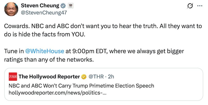 Steven Cheung X post about networks not airing Trump's speech