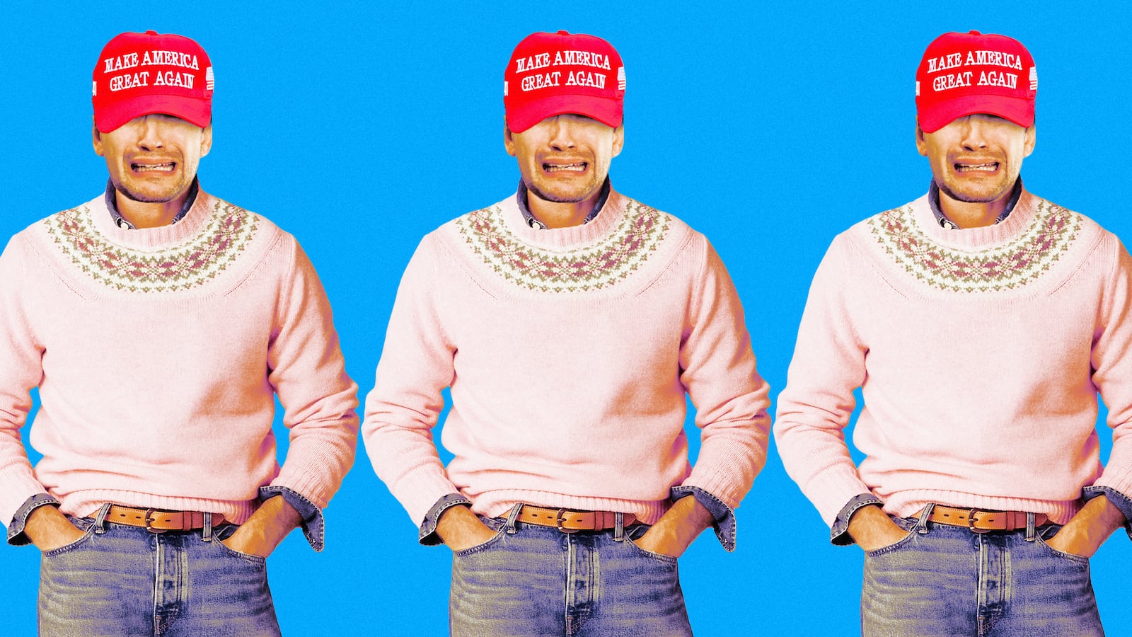 A photo illustration of a person crying wearing a MAGA hat and Fair Isle–yoked sweater in wool.