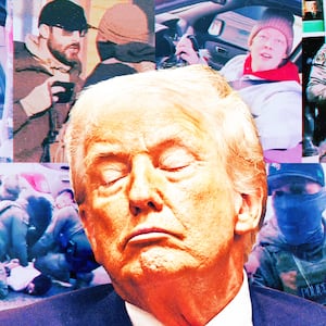 A photo illustration of Donald Trump sleeping in front of a collage of DHS ICE immigration videos of violent interactions.