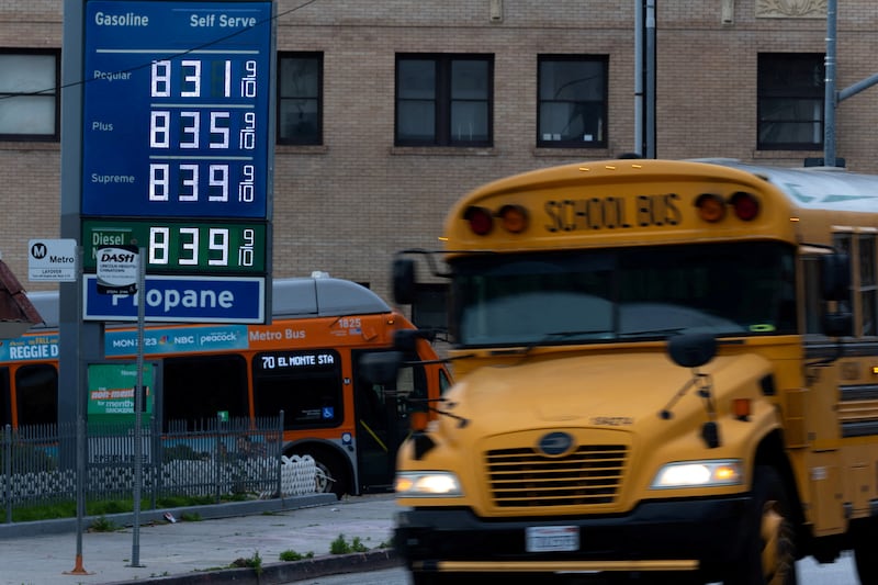 High prices for gasoline are shown at a gas station in downtown Los Angeles, California, U.S., March 10, 2026.