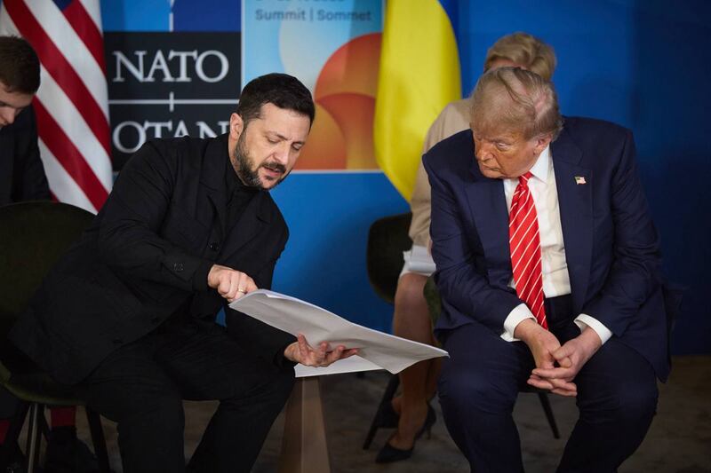 US President Donald Trump and Ukrainian President Volodymyr Zelenskyy meet during the NATO Heads of State and Government Summit in The Hague, Netherlands on June 25, 2025.