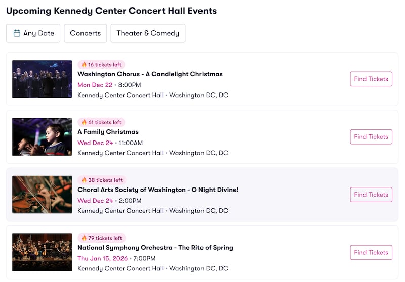 Despite President Donald Trump adding his name to the Kennedy Center, most online ticketing agencies are yet to change the venue’s name on their sites. Above, VividSeats lists events this holiday season at the “Kennedy Center Concert Hall.”