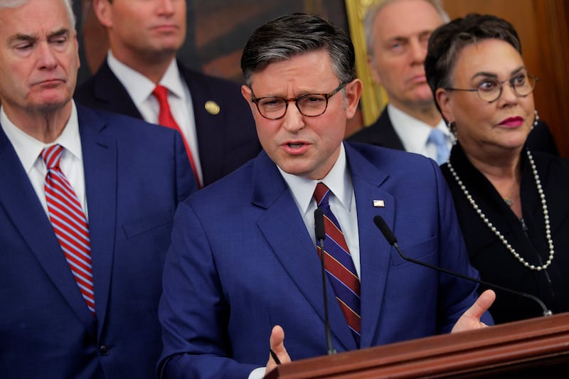 House Speaker Mike Johnson holds a news conference on the 28th day of the federal government shutdown at the U.S. Capitol on October 28, 2025 in Washington, DC.