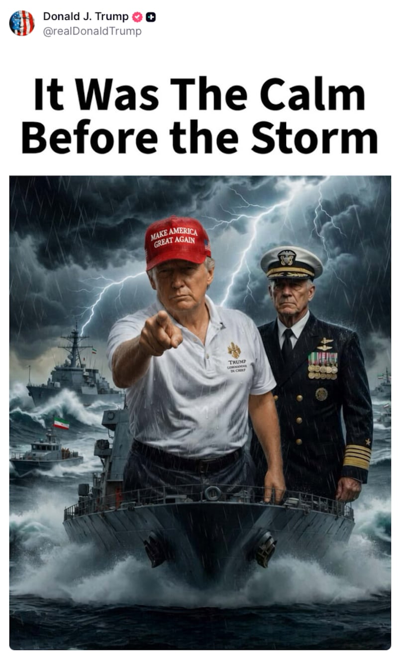 The president posted a picture of him towering over a Navy ship and pointing forward with the caption “It was the Calm Before the Storm.” Trump is flanked by a very serious-looking admiral in the pic.