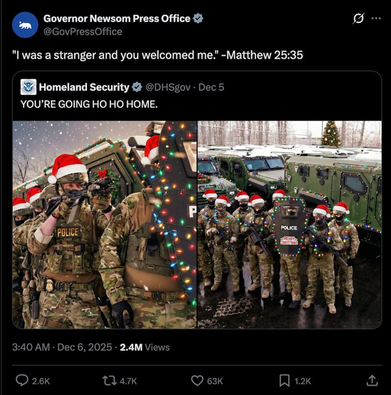 Newsom's press office responds to the memes with scripture.