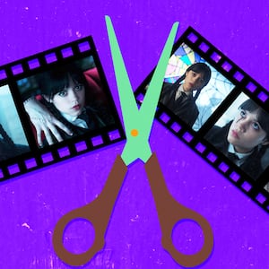 A photo illustration of a pair of scissors cutting a film strip with film stills of Jenna Ortega from the show "Wednesday."