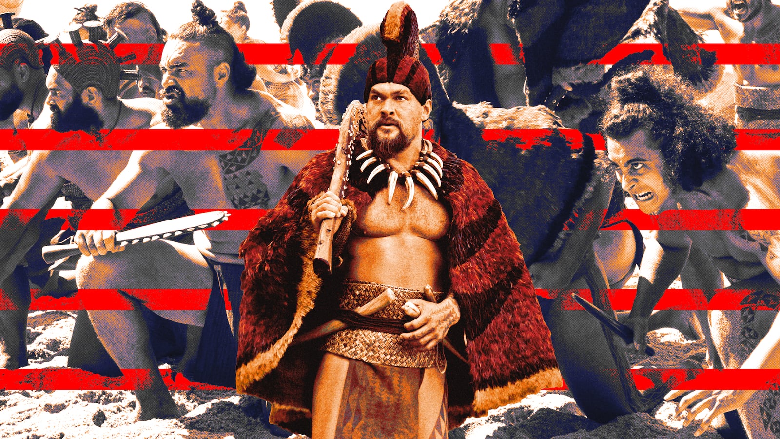A photo illustration of Jason Momoa in Chief of War.