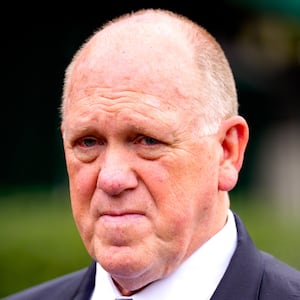 White House border czar Tom Homan takes a question from members of the media as he walks back towards the West Wing of the White House following a television interview on May 29, 2025 in Washington, DC.
