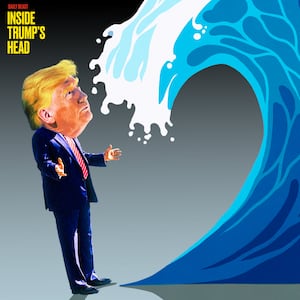 A photo illustration of Trump about to be hit by a blue wave for Inside Trump's Head.