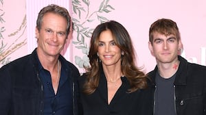 Rande Gerber, Cindy Crawford and Presley Gerber arrives at the World Premiere Of Apple TV+'s "Palm Royale" at Samuel Goldwyn Theater on March 14, 2024 in Beverly Hills, California.